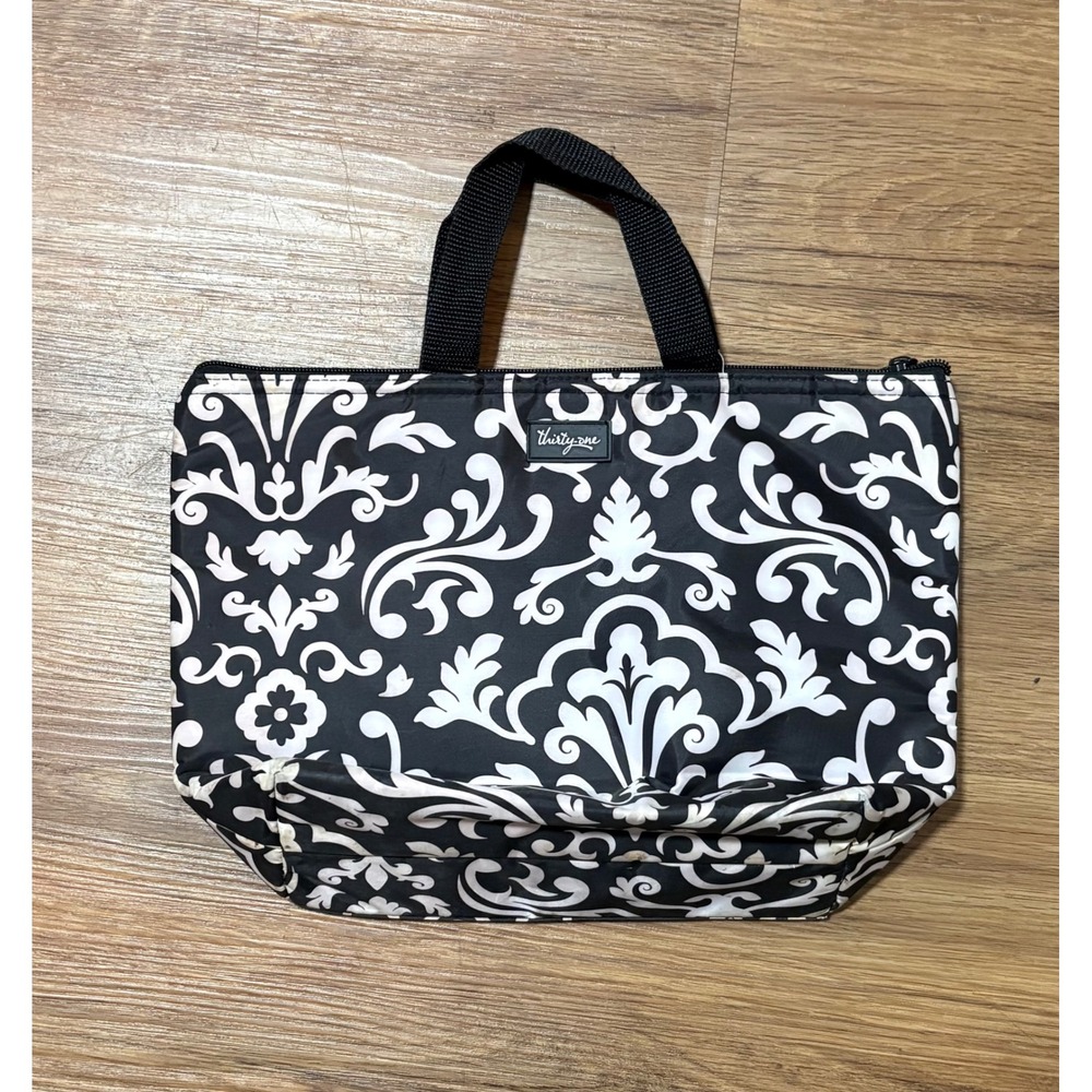 Thirty-One Thermal Tote Insulated Lunch Bag Black White Damask Print Pocket